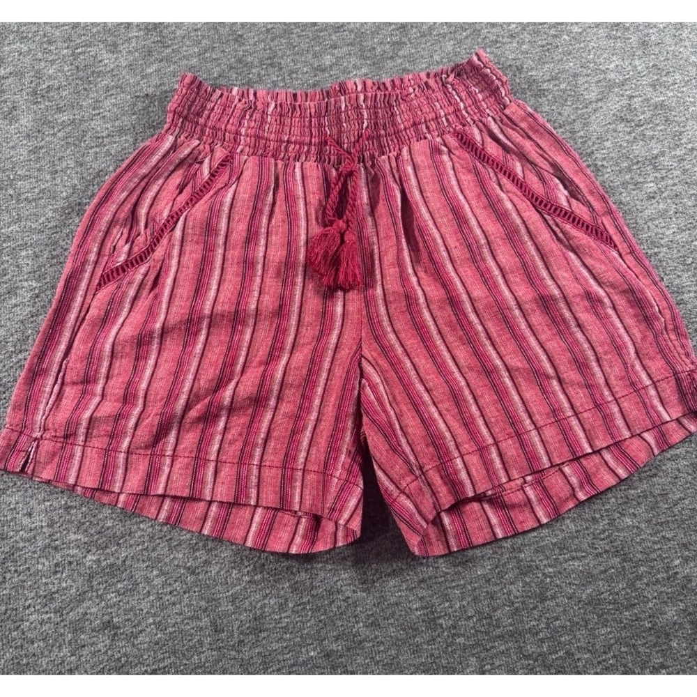 Briggs Womens Striped Pull On Shorts Red Pink Tassel Elastic Waist Small